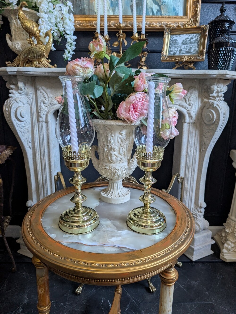Vintage, set of 2, Polished Metal Hurricane Candle Holders with Glass Chimneys